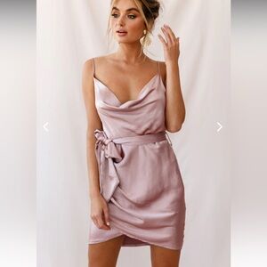 Selfie Leslie- BEBE SATIN COWL NECK WRAP DRESS